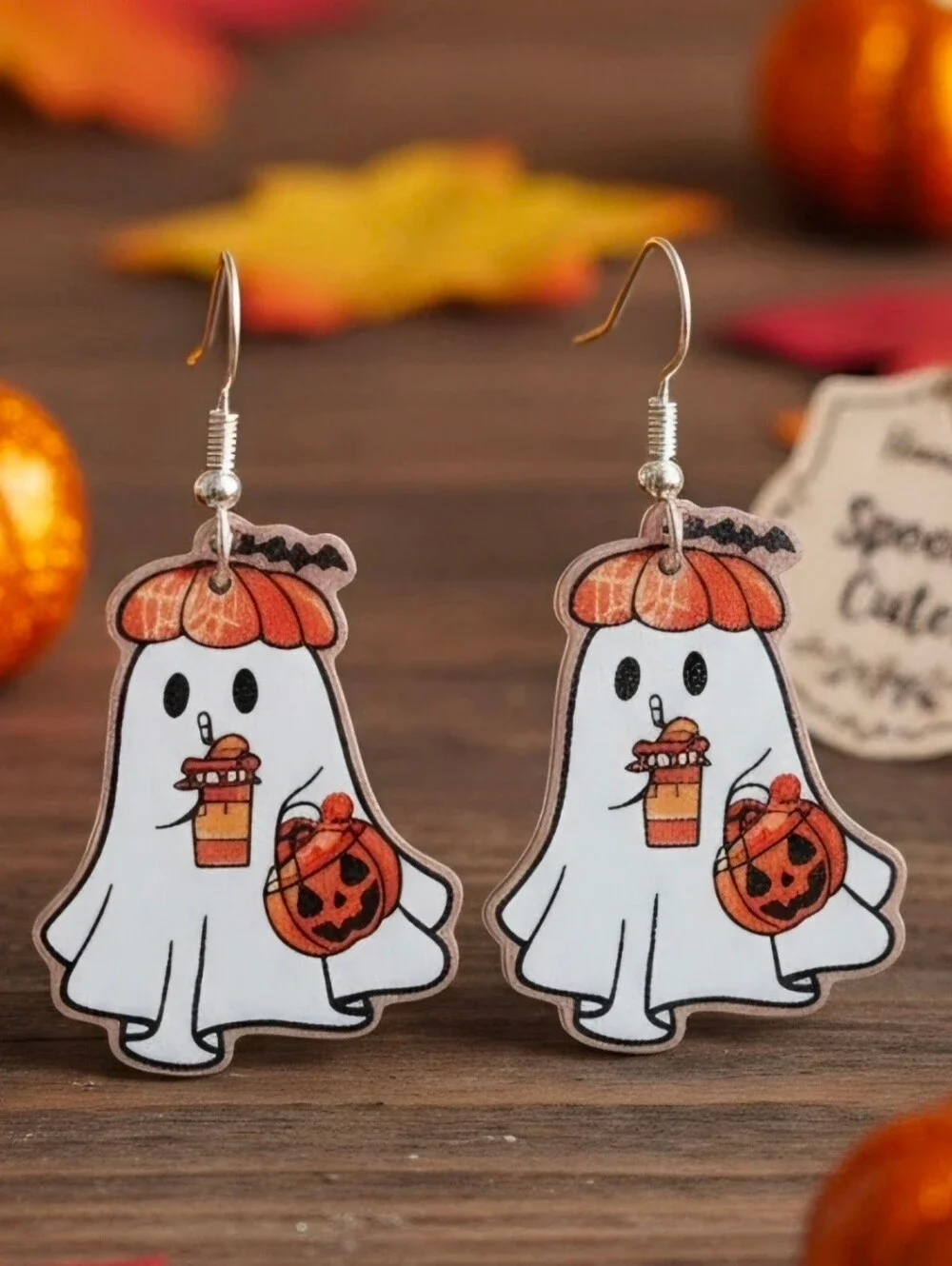 Kids Halloween Ghost Dangle Earrings - White & Orange